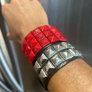 2 PCs Red Black and Silver faux leather Gothic studded Punk Bracelets